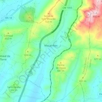 Mapa topográfico Maçainhas, altitude, relevo