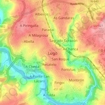 Mapa topográfico Lugo, altitude, relevo