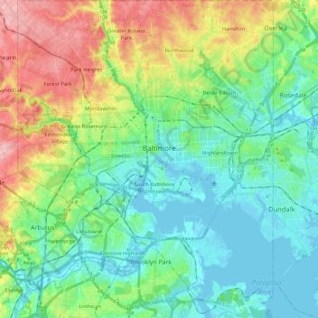Mapa topográfico Baltimore, altitude, relevo