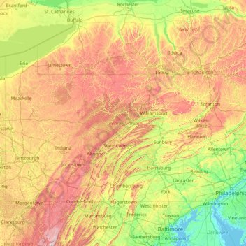 Mapa topográfico Pensilvania, altitude, relevo