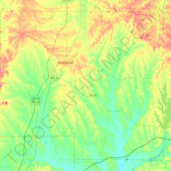Mapa topográfico Prentiss County, altitude, relevo