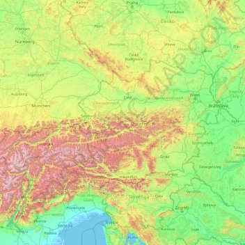 Mapa topográfico Áustria, altitude, relevo
