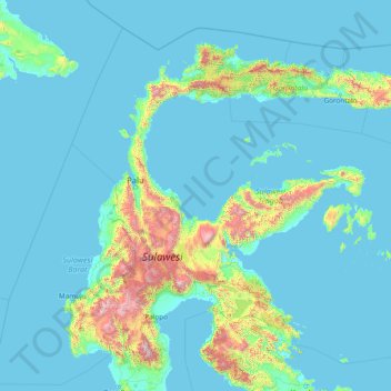 Mapa topográfico Sulawesi Tengah, altitude, relevo