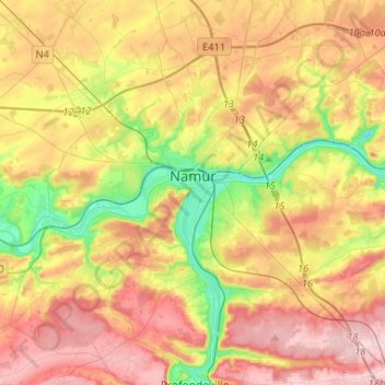 Mapa topográfico Namur, altitude, relevo