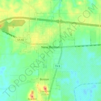 Mapa topográfico New Boston, altitude, relevo