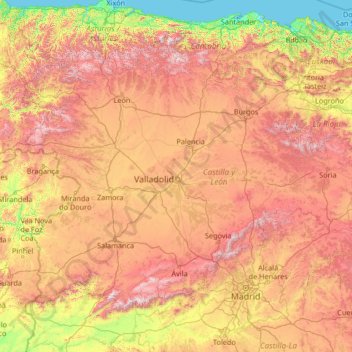 Mapa topográfico Castela e Leão, altitude, relevo