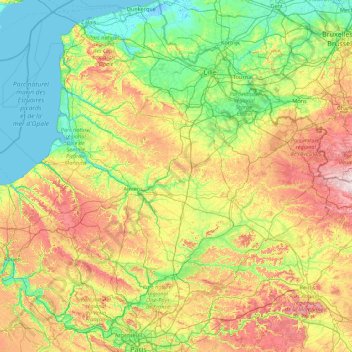 Mapa topográfico Hauts-de-France, altitude, relevo