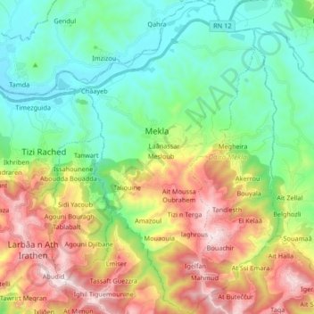 Mapa topográfico Mekla, altitude, relevo