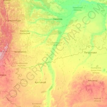 Mapa topográfico Tobol River, altitude, relevo