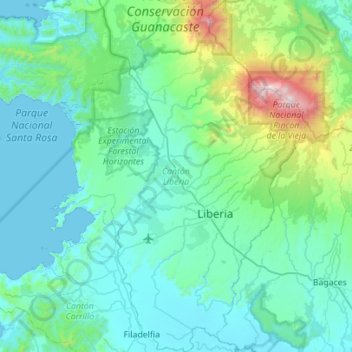 Mapa topográfico Cantón Liberia, altitude, relevo