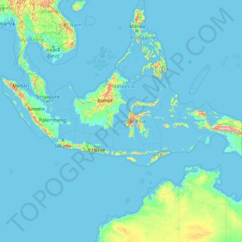 Mapa topográfico Indonesia, altitude, relevo