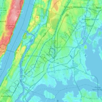 Mapa topográfico The Bronx, altitude, relevo