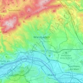 Mapa topográfico Wiesbaden, altitude, relevo