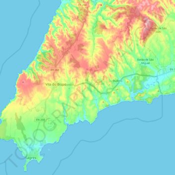 Mapa topográfico Vila do Bispo, altitude, relevo