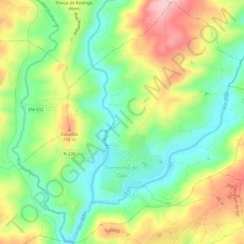 Mapa topográfico Ferreirós do Dão, altitude, relevo