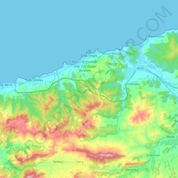 Mapa topográfico Cherchell ⵛⴻⵔⵛⴰⵍ شرشال, altitude, relevo