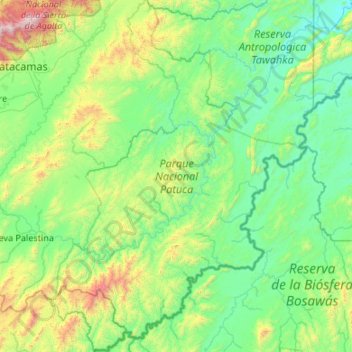 Mapa topográfico Parque Nacional Patuca, altitude, relevo