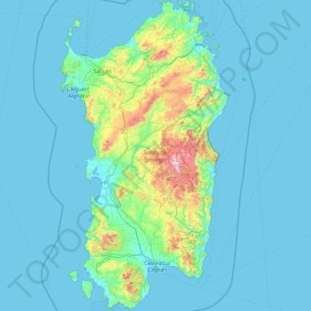 Mapa topográfico Sardenha, altitude, relevo