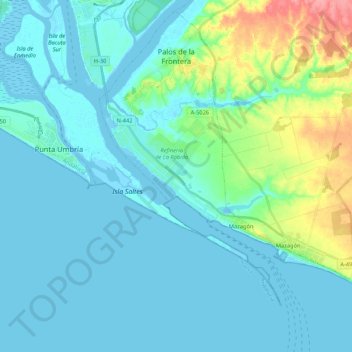 Mapa topográfico Palos de la Frontera, altitude, relevo