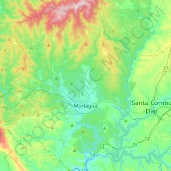 Mapa topográfico Mortágua, altitude, relevo