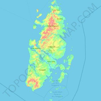 Mapa topográfico Islas Aru, altitude, relevo