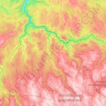 Mapa topográfico Midtre Gauldal, altitude, relevo