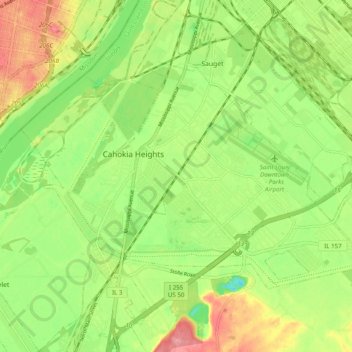 Mapa topográfico Cahokia, altitude, relevo