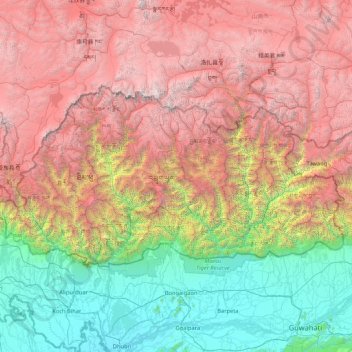 Mapa topográfico Butão, altitude, relevo