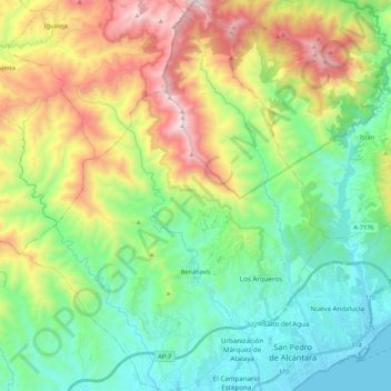Mapa topográfico Benahavís, altitude, relevo