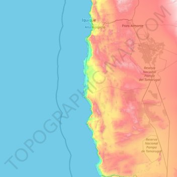 Mapa topográfico Iquique, altitude, relevo