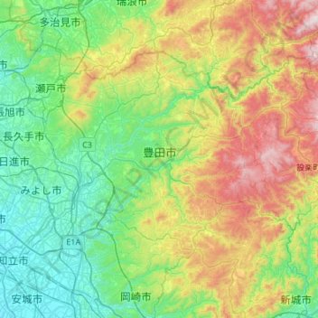 Mapa topográfico 豊田市, altitude, relevo