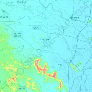 Mapa topográfico Triệu Sơn District, altitude, relevo