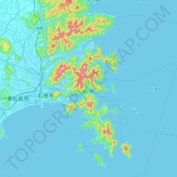 Mapa topográfico 牡鹿郡, altitude, relevo