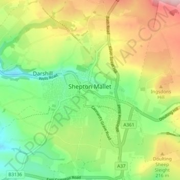 Mapa topográfico Shepton Mallet, altitude, relevo
