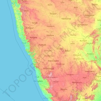 Mapa topográfico Karnataka, altitude, relevo