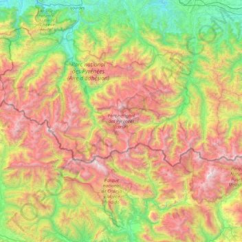 Mapa topográfico Parque nacional de los Pirineos, altitude, relevo