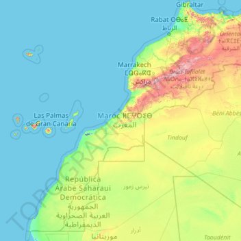 Mapa topográfico Marrocos, altitude, relevo