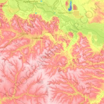 Mapa topográfico Онуфріївська селищна громада, altitude, relevo