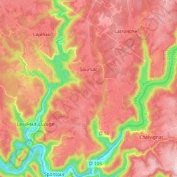 Mapa topográfico Soursac, altitude, relevo