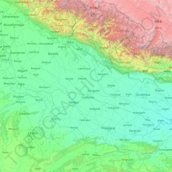 Mapa topográfico Uttar Pradesh, altitude, relevo