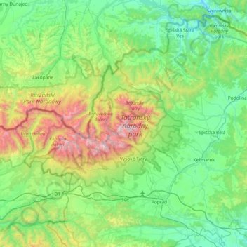 Mapa topográfico Tatry, altitude, relevo