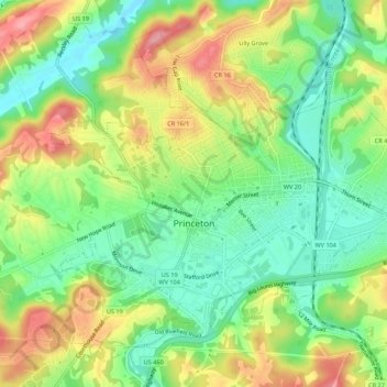 Mapa topográfico Princeton, altitude, relevo