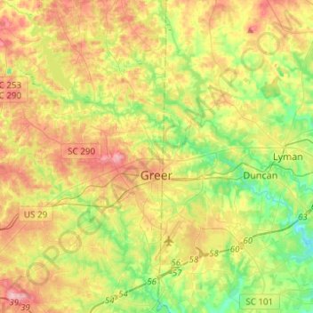 Mapa topográfico Greer, altitude, relevo