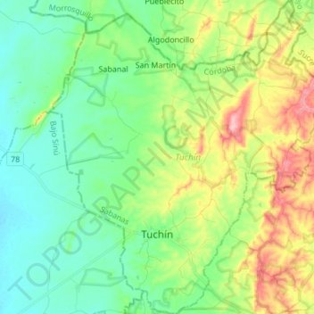Mapa topográfico Tuchín, altitude, relevo