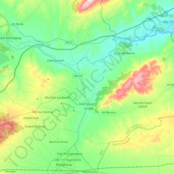 Mapa topográfico Oued Seguen, altitude, relevo