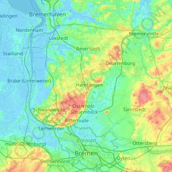 Mapa topográfico Bremen, altitude, relevo