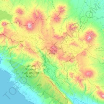 Mapa topográfico Lampung Barat, altitude, relevo