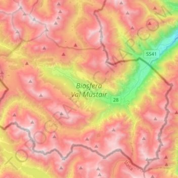 Mapa topográfico Biosfera Val Müstair, altitude, relevo