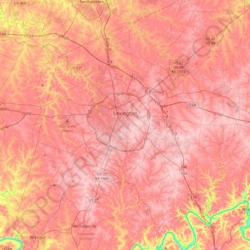 Mapa topográfico Lexington, altitude, relevo