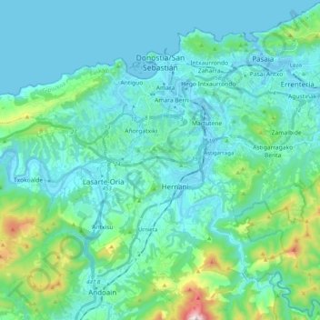 Mapa topográfico Donostia/San Sebastián, altitude, relevo